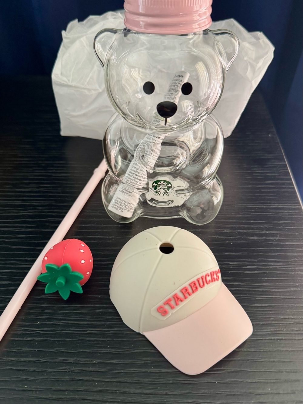 Starbucks Clear Bear Bottle with Pink Cap, Pink Straw and Strawberry Topper